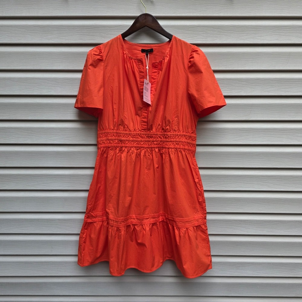 Quince Organic Cotton Tiered Mini Dress Womens L Orange NWT Smocked Pockets Puff